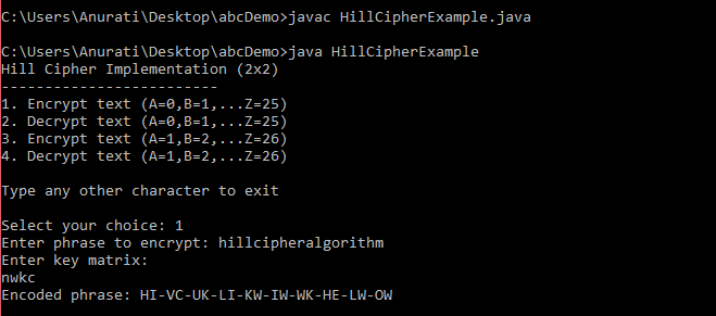Hill Cipher Program in Java