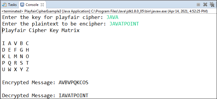 Playfair Cipher Program in Java