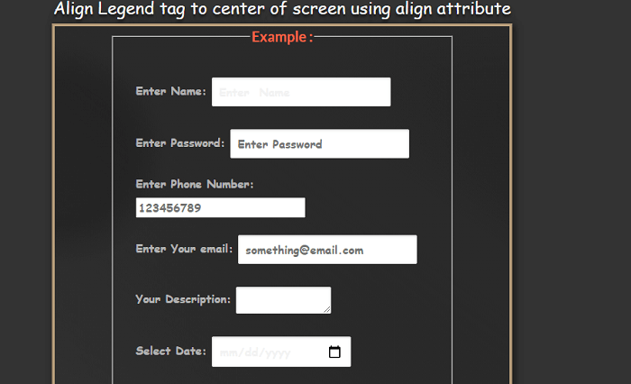 How to align Legend tag to center of the screen