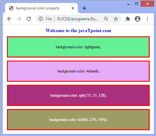 How to change background color in CSS - javatpoint