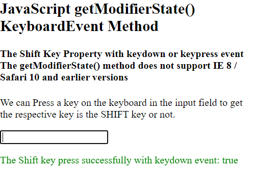 Javascript getModifierState() KeyboardEvent Method