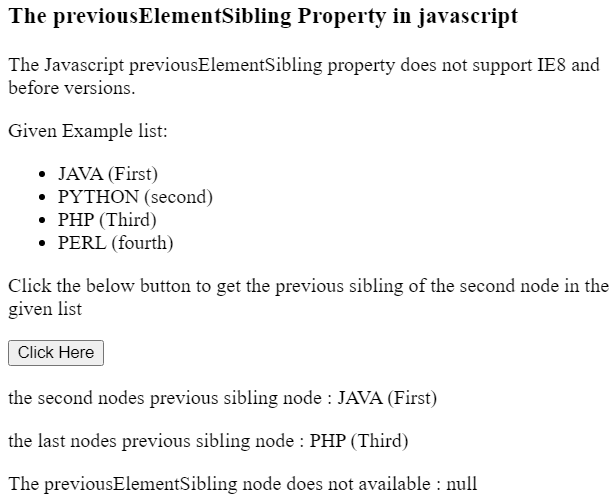 previousElementSibling Property in javascript