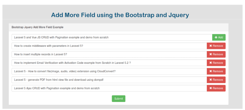 Add remove input fields dynamically using jQuery with Bootstrap