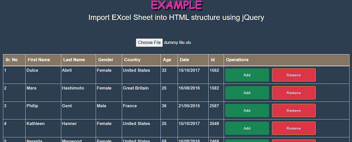 Import Excel data into HTML table using JQuery