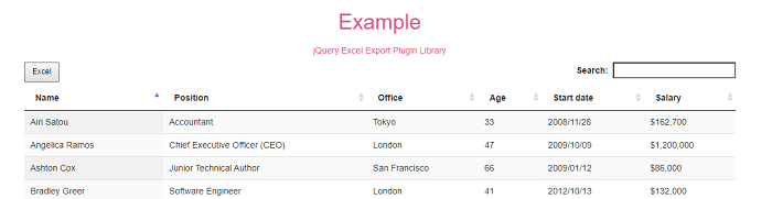 jQuery Excel Export Plugin Library