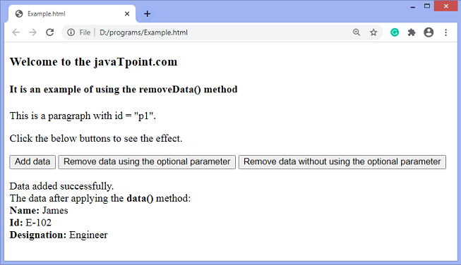 jQuery removeData() method