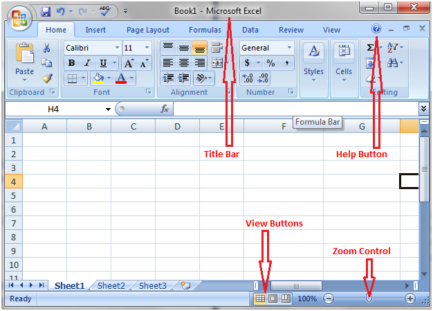 Title Bar, Help Button, Zoom Control and View Buttons in excel