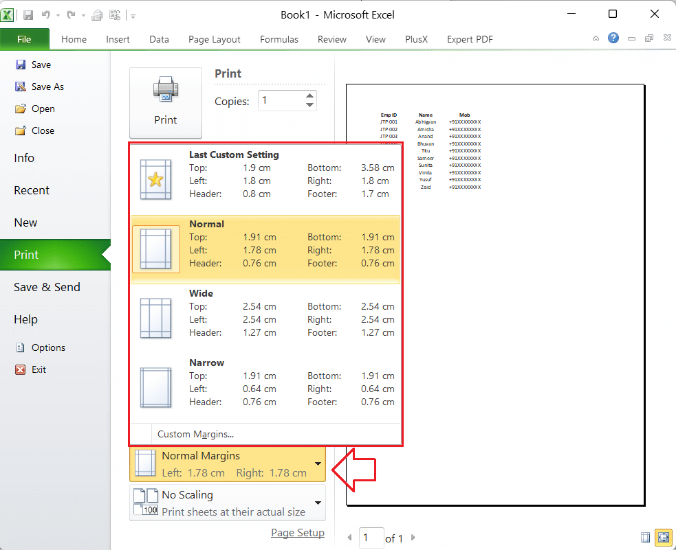 excel different margins on first page