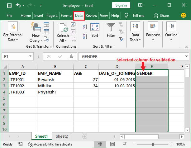 Apply data validation in Excel