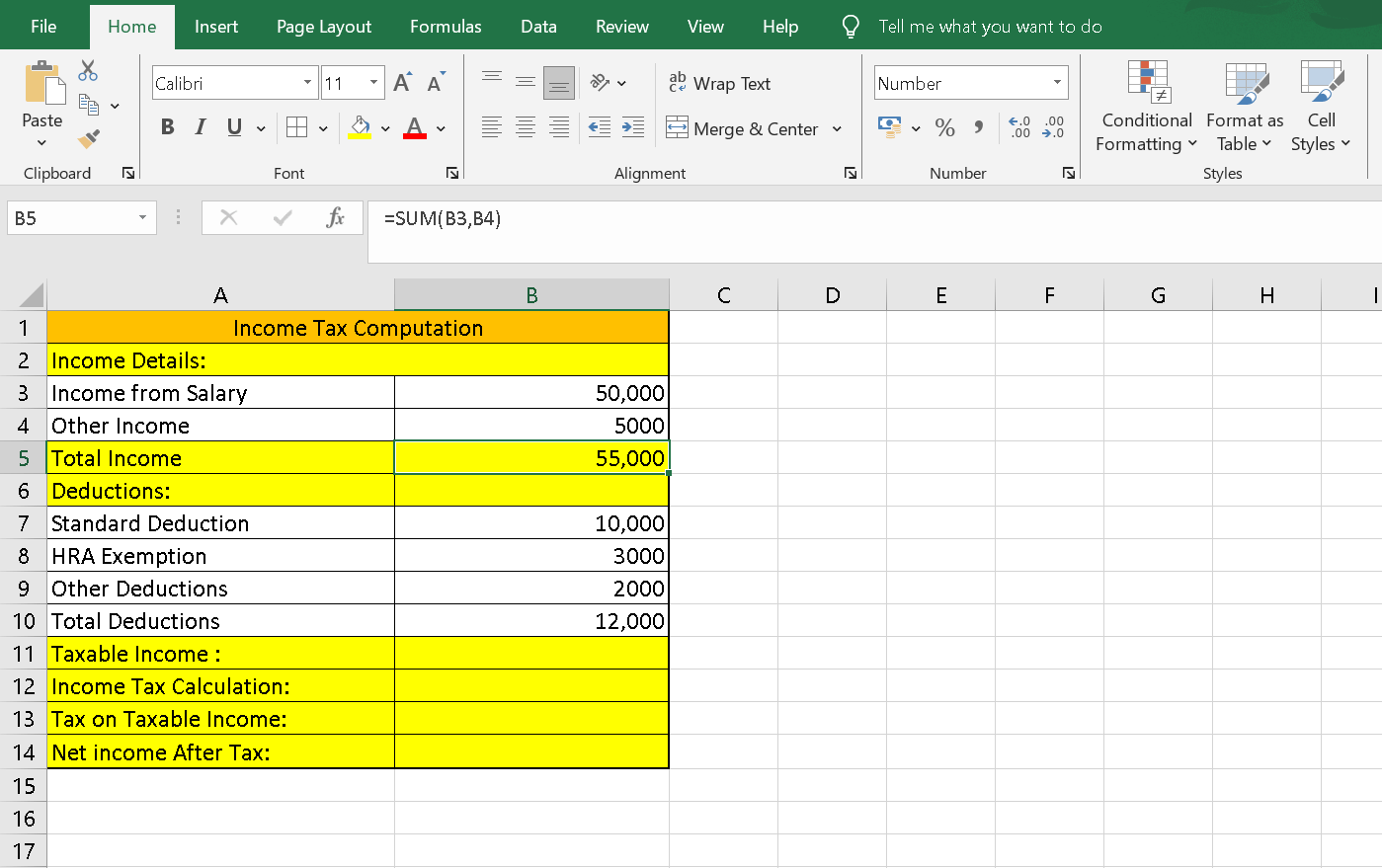 Computation of Income tax Format in Excel