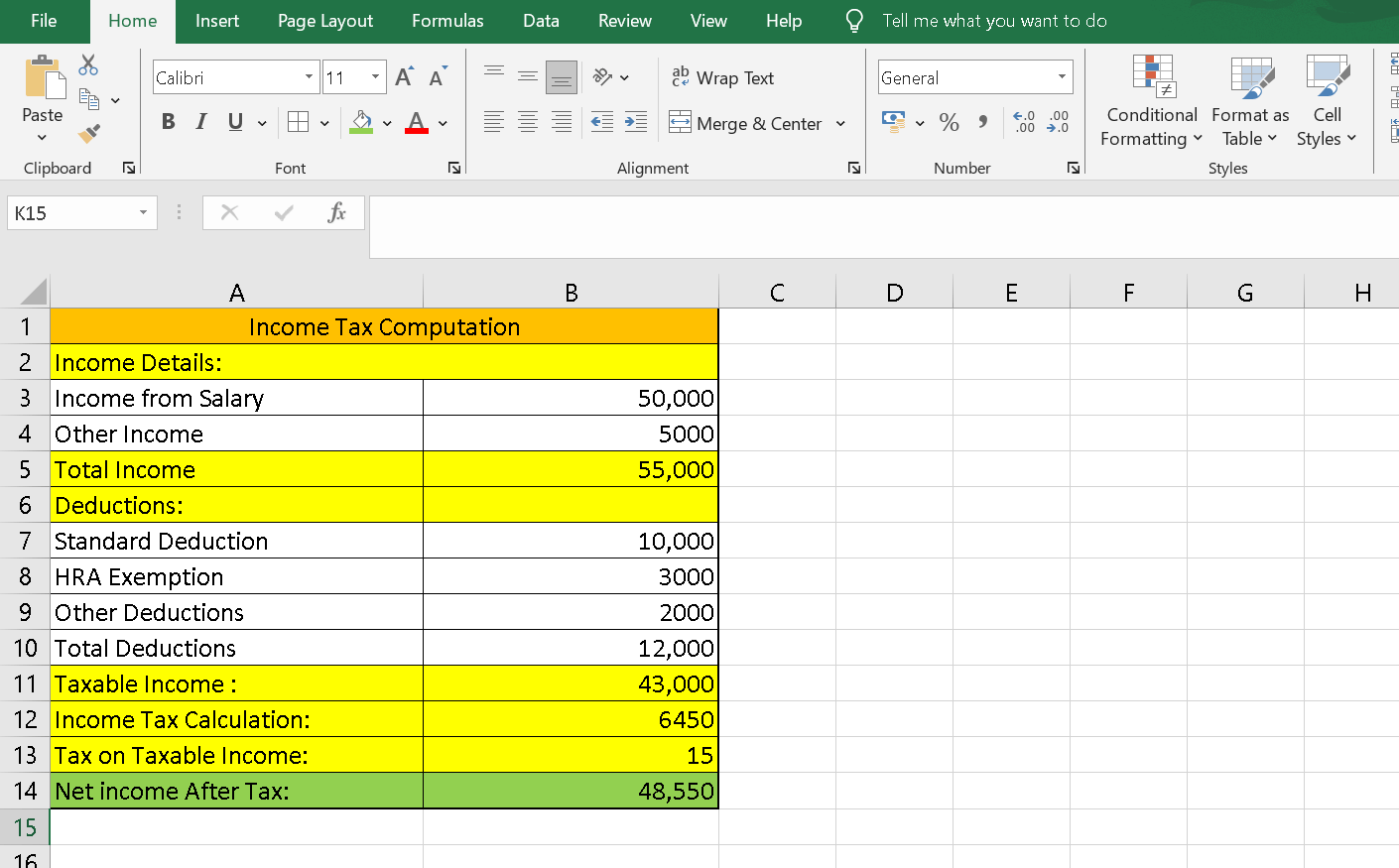 Computation of Income tax Format in Excel