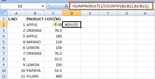 Count Unique Values in Excel