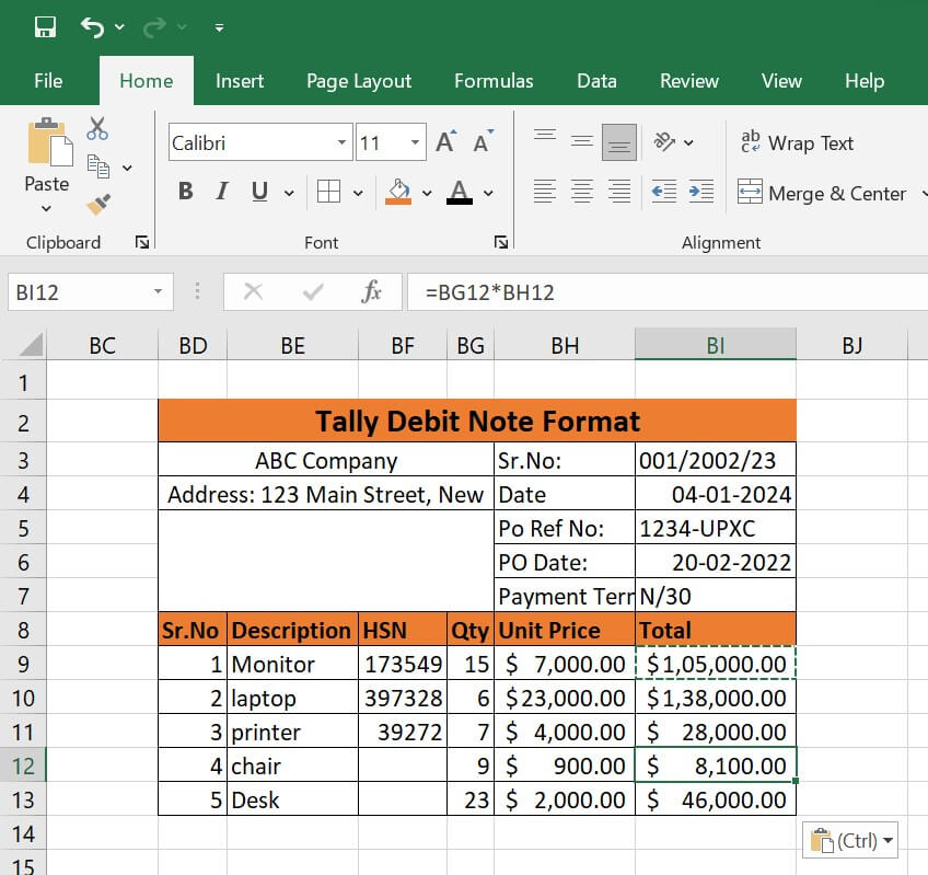 Debit Note Format in Excel