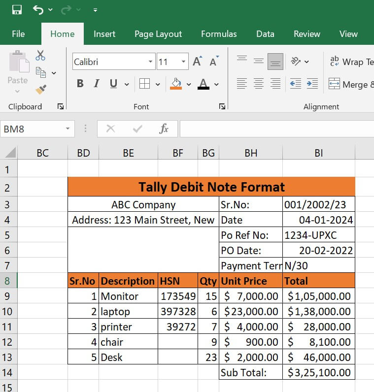 Debit Note Format in Excel