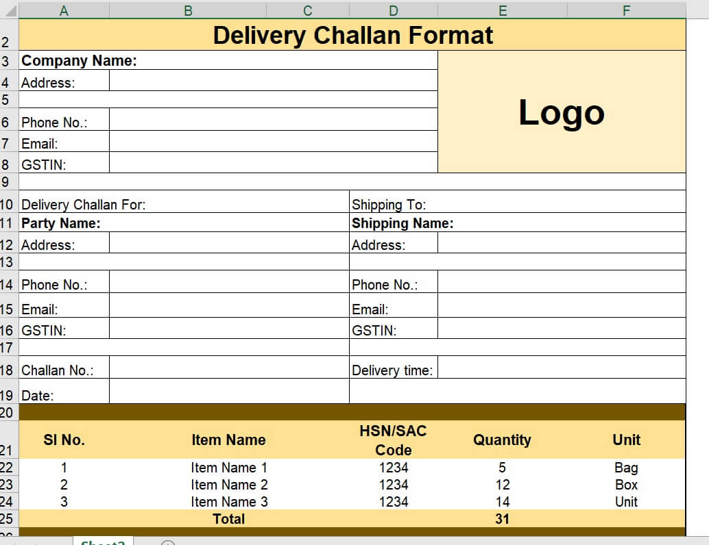 Delivery Challan format in excel