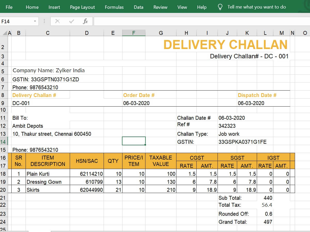Delivery Challan format in excel