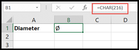 Diameter Symbol in Microsoft Excel