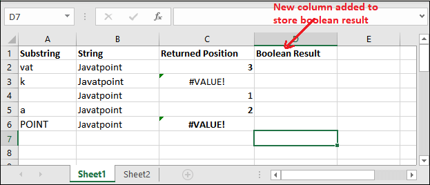 Excel find() function