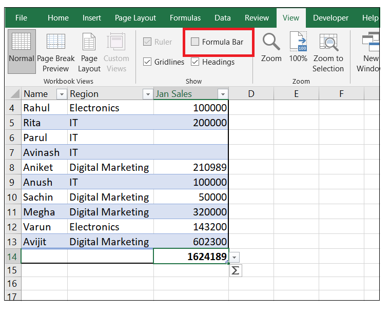 Excel Formula Bar