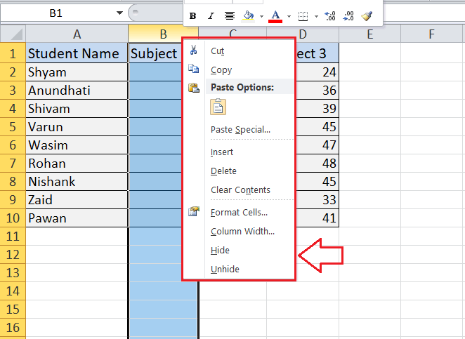 Excel Hide Shortcut