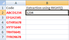 Excel right function