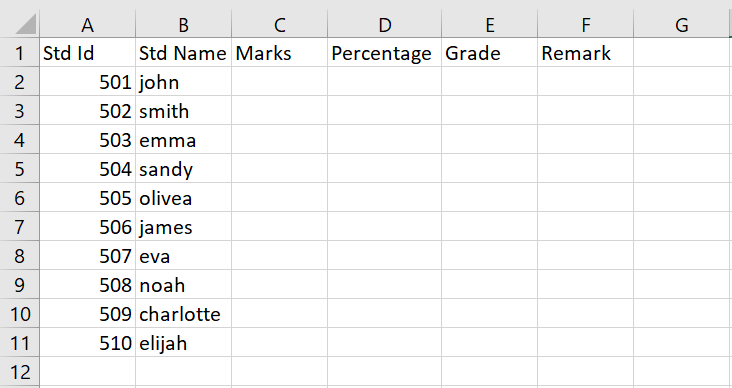 Excel Student Table