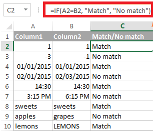 How one can compare two columns for matches and differences in Microsoft Excel?