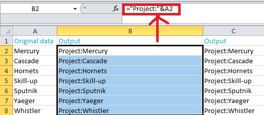 How to add text or character to every cell in Microsoft Excel