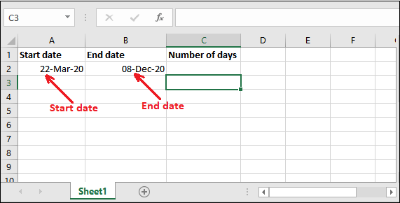 intermitente Problema Colibrí How to calculate number of days between two dates in Excel - javatpoint