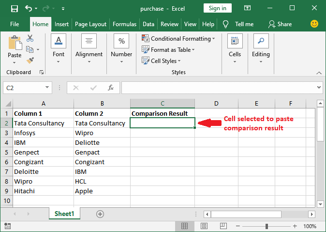 How to compare two columns in Excel