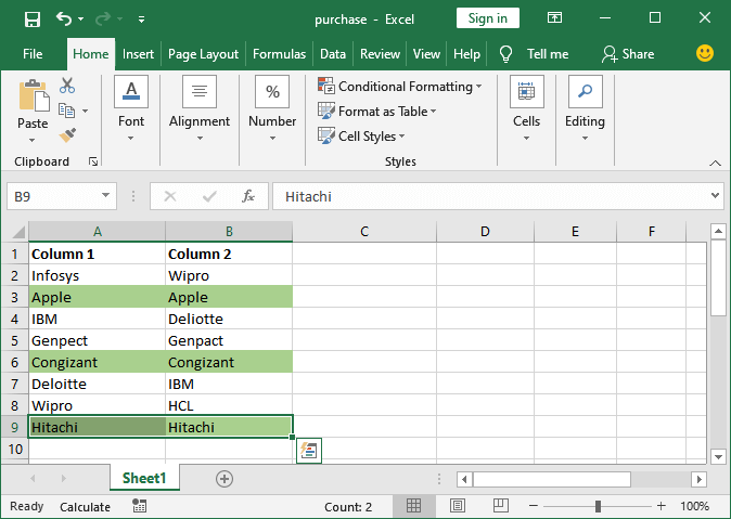 compare two columns in excel and print differences