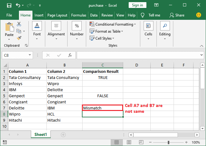 How to compare two columns in Excel