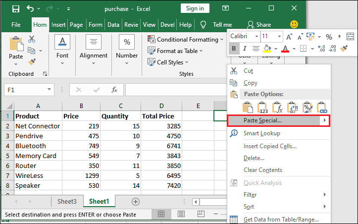 How to copy paste data in Excel