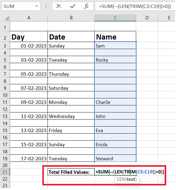 How to count non-empty cells in Excel