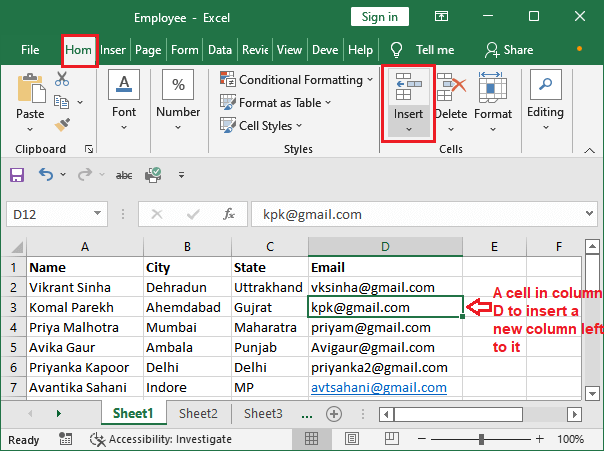 How to insert a column in Excel?