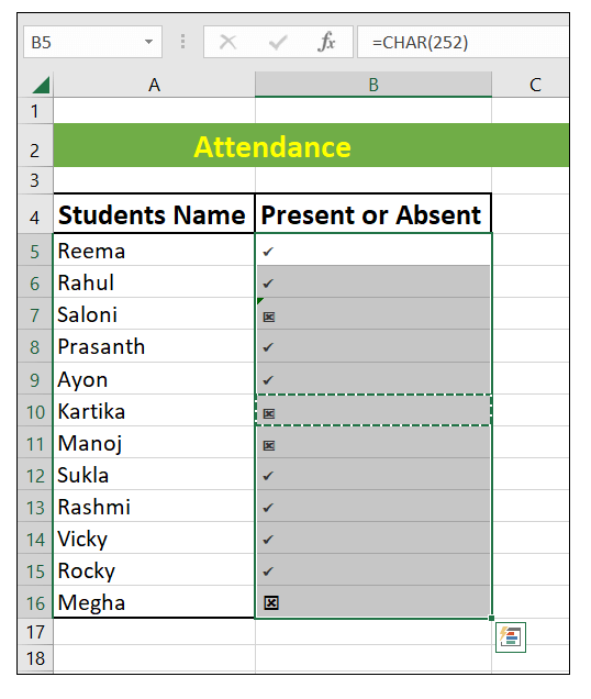 How to quickly insert tick and cross marks into cells?