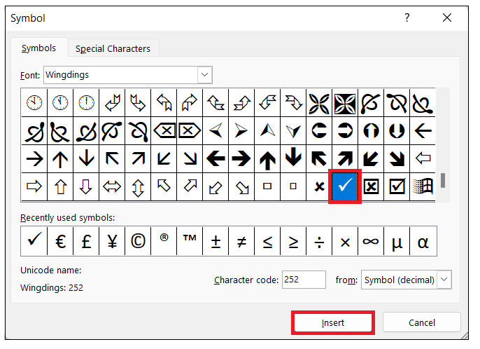 How to insert a tick symbol and cross mark in Excel