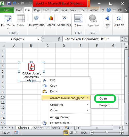 insert pdf into excel