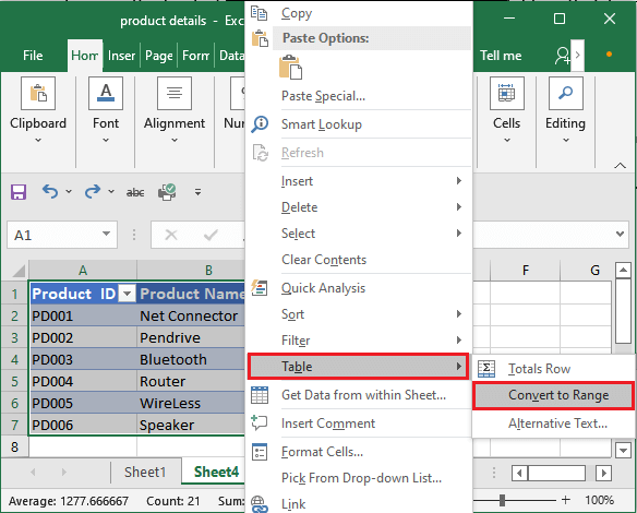 How to remove table in Excel