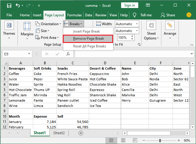 How to remove the page break in Excel