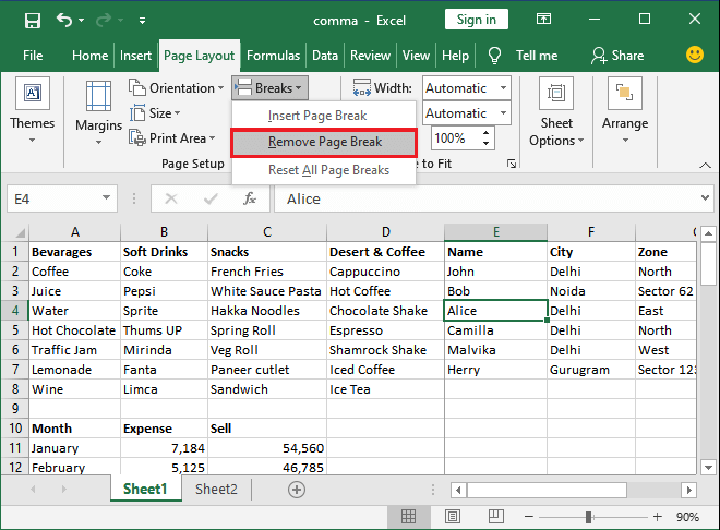 How to remove the page break in Excel