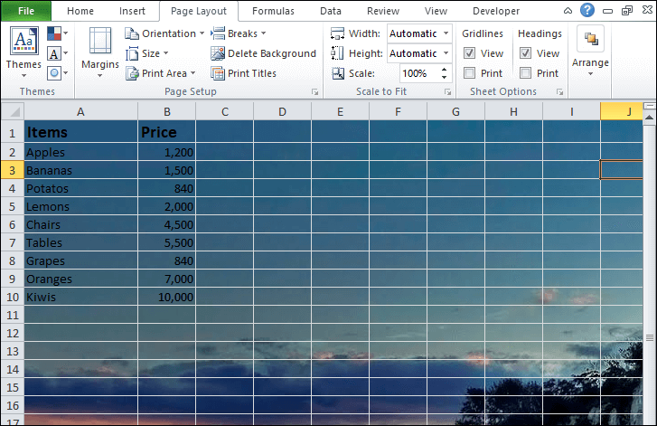 How to set background image in Excel