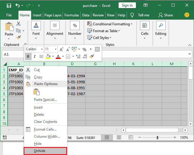 How To Unhide A Column In Excel Sheet