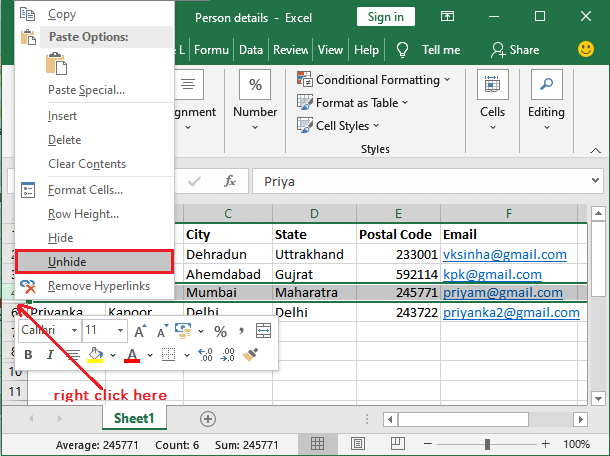 How to unhide rows in Excel