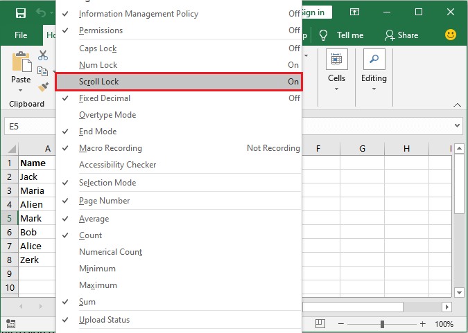 How to unlock scroll lock in Excel