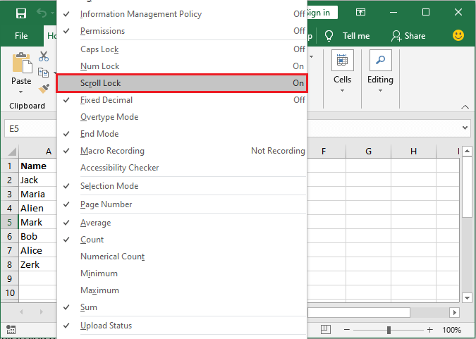 turn off scroll lock in excel for mac