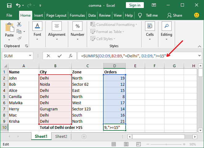 How to use sumifs formula in Excel