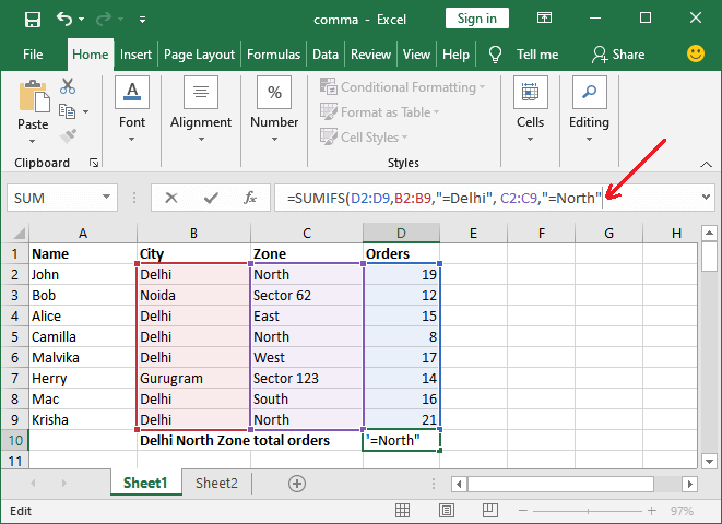 How to use sumifs formula in Excel