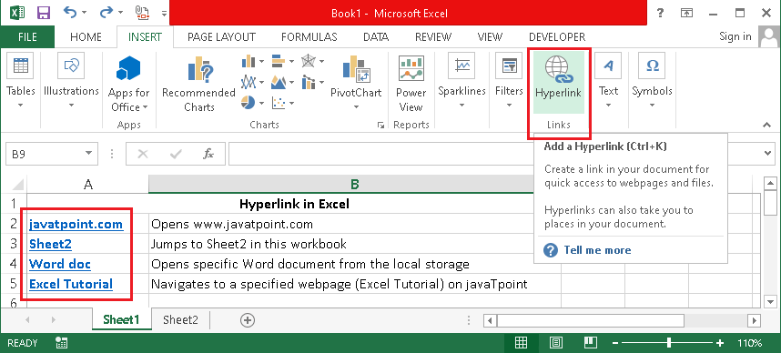 Hyperlink In Excel Javatpoint