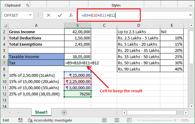 Income tax calculating formula in Excel